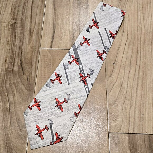 Nos Columbus Dispatch Silk Neck Tie Vintage 90s Red Airplane Stock Market Print - Picture 5 of 9